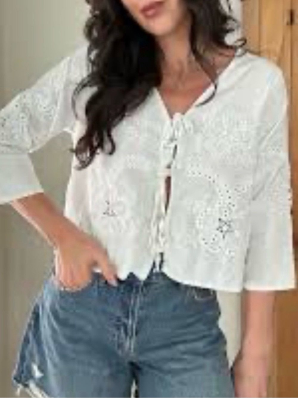 Christian Siriano White Embroidered Tie-Front Eyelet Blouse